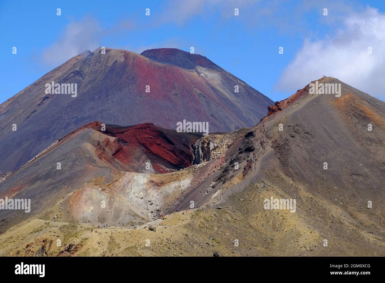 Vivid red volcano craters and distant hikers on the Alpine Crossing at Tongariro National Park, North Island, New Zealand Stock Photo