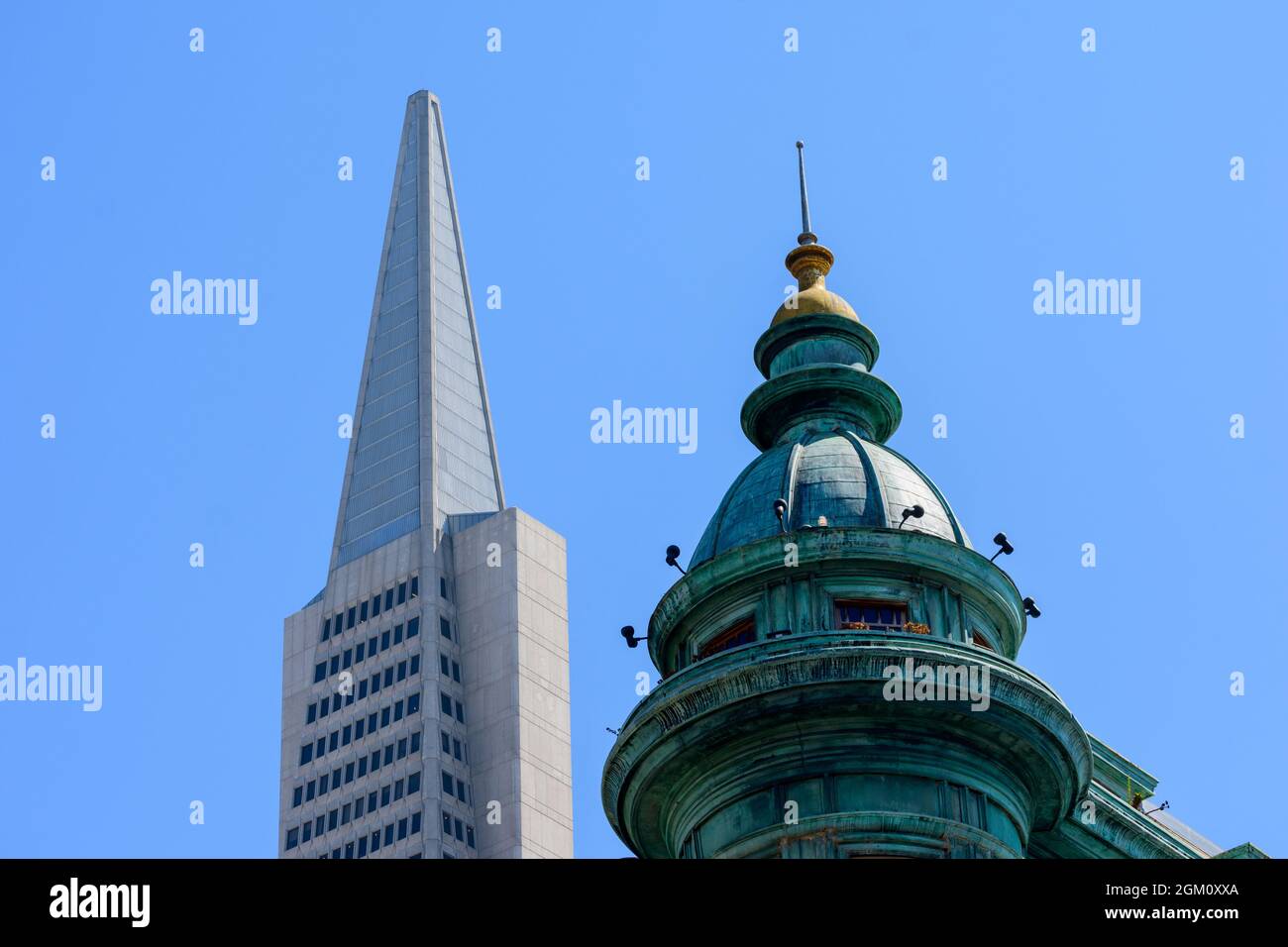 Historic Sentinel Building and Transamerica Pyramid futurist skyscraper - San Francisco, California, USA - 2021 Stock Photo