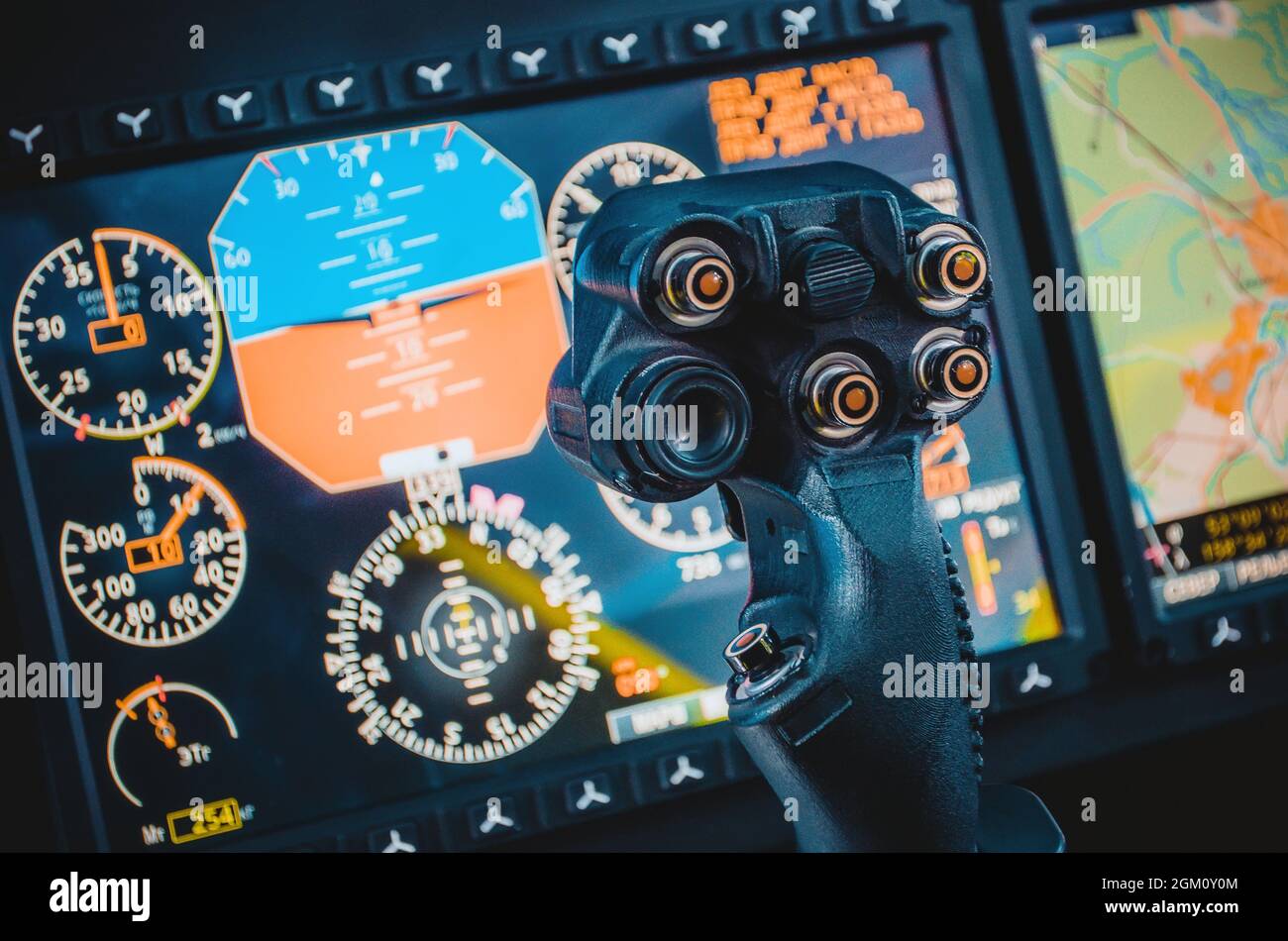 Steering wheel, aircraft, pilot's control cabin dashboards Stock Photo