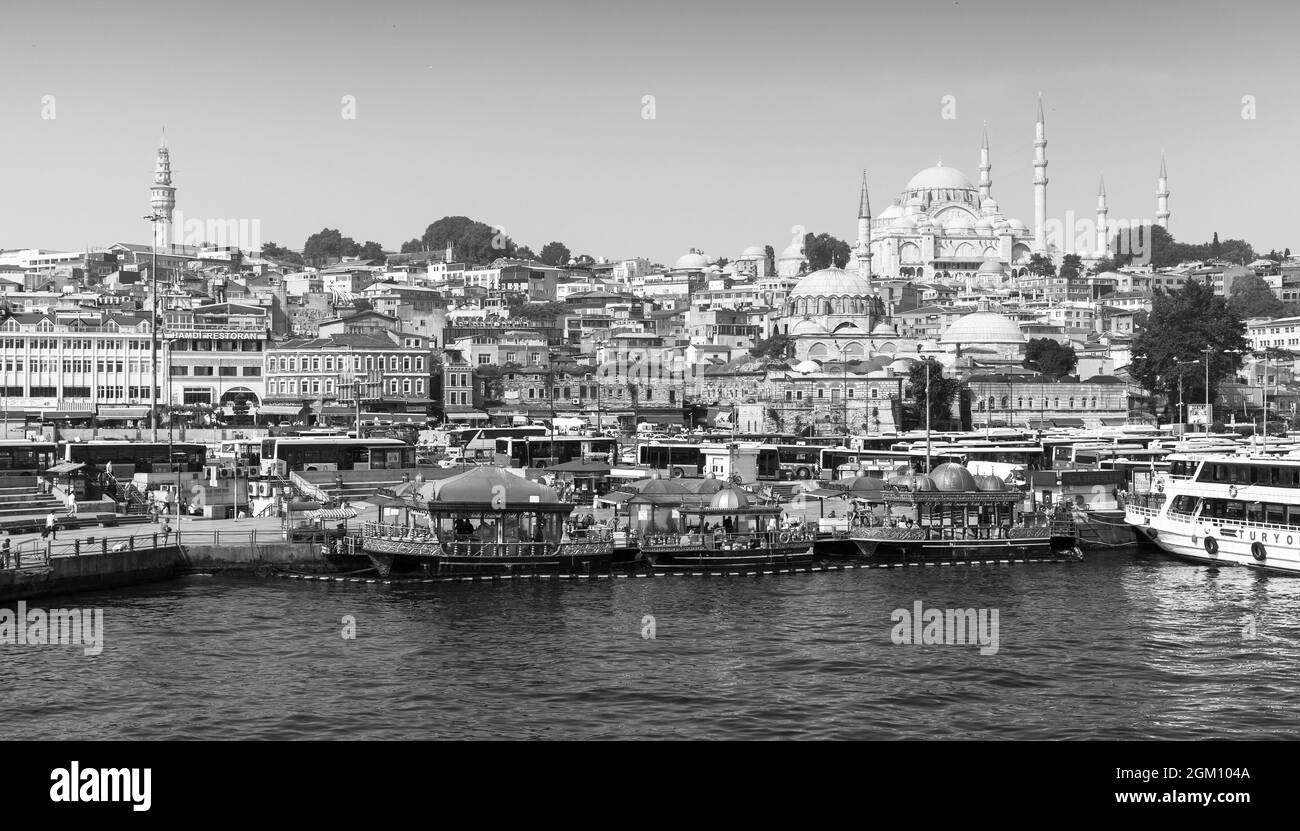 Istanbul, Turkey - July 1, 2016: Istanbul cityscape with Golden Horn coast, black and white photo Stock Photo