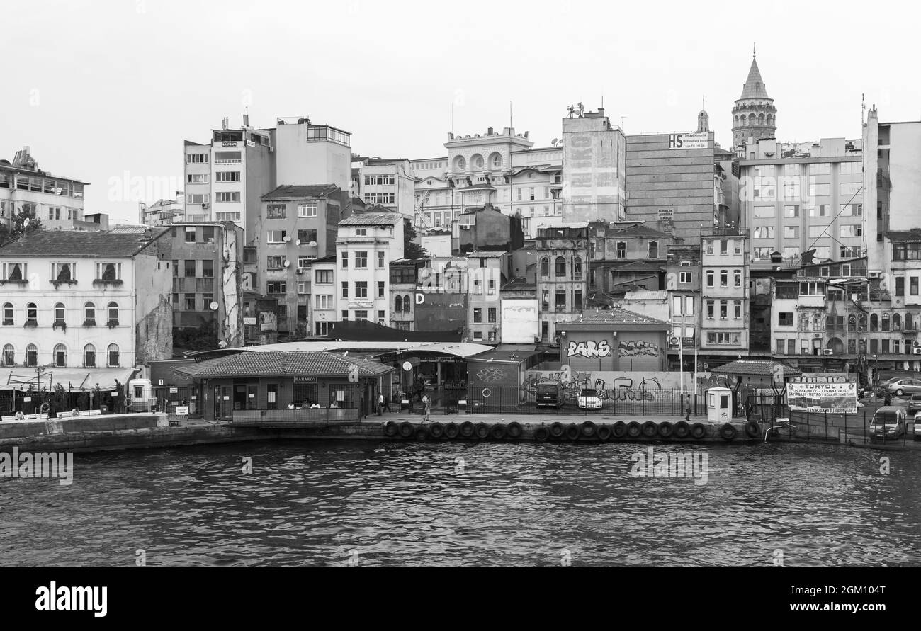 Istanbul, Turkey - June 28, 2016: Cityscape with Galata tower and Beyoglu district, located at the northern part of the Golden Horn, black and white p Stock Photo
