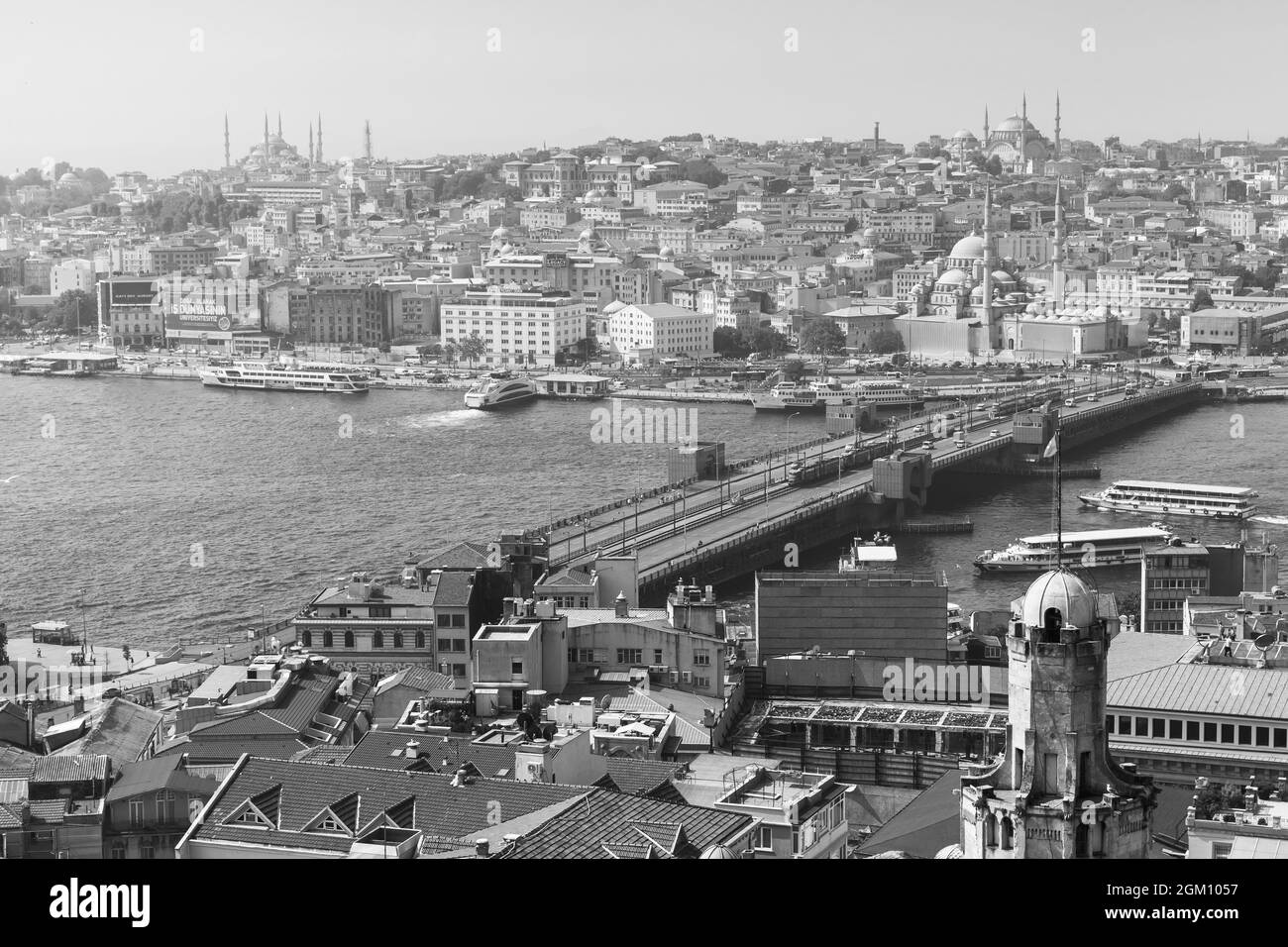 Istanbul, Turkey - July 1, 2016: Istanbul aerial view with bridge over Golden Horn, black and white photo Stock Photo