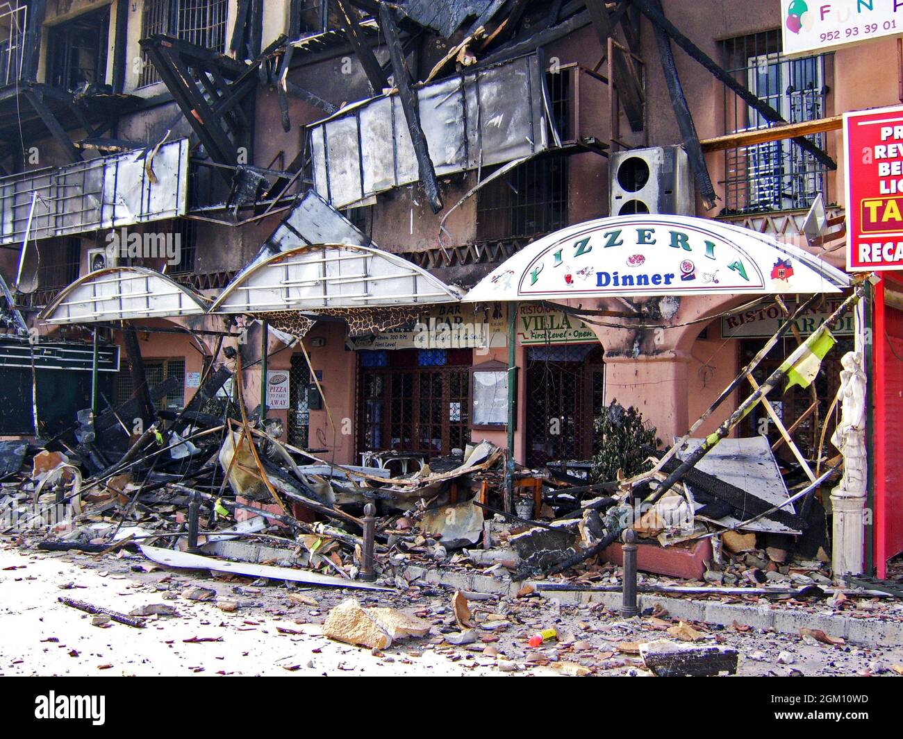 Front view of the fire damaged El Zoco shopping centre, Calahonda