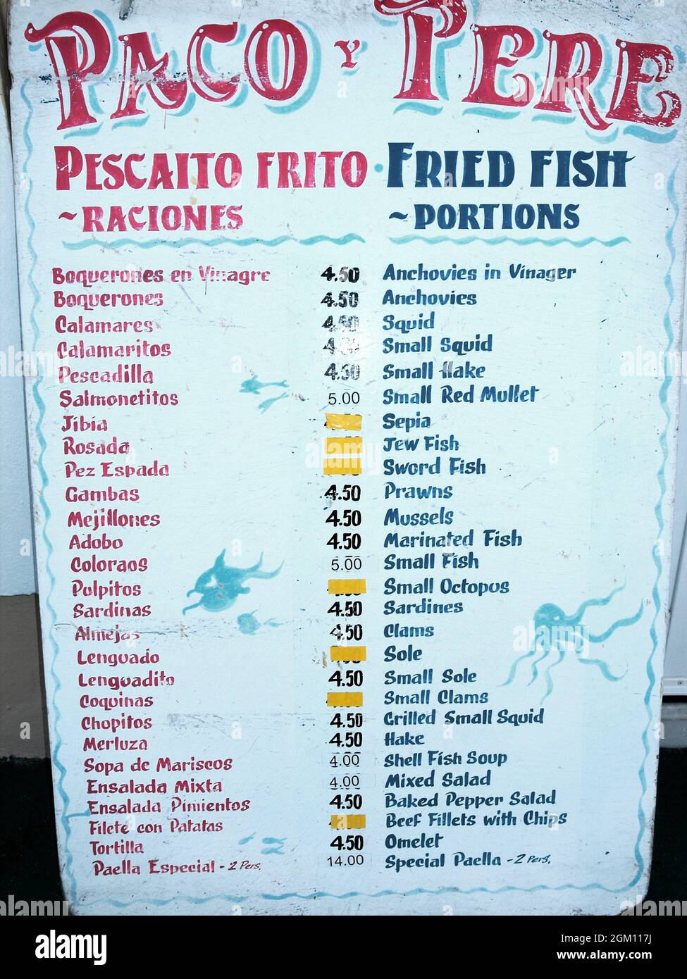 Fish restaurant menu board in the harbour area, Fuengirola, Spain Stock