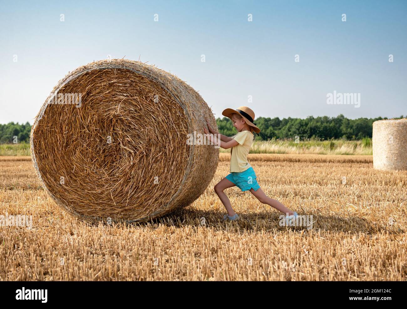 Little girl having fun in a wheat field on a summer day. Child playing ...