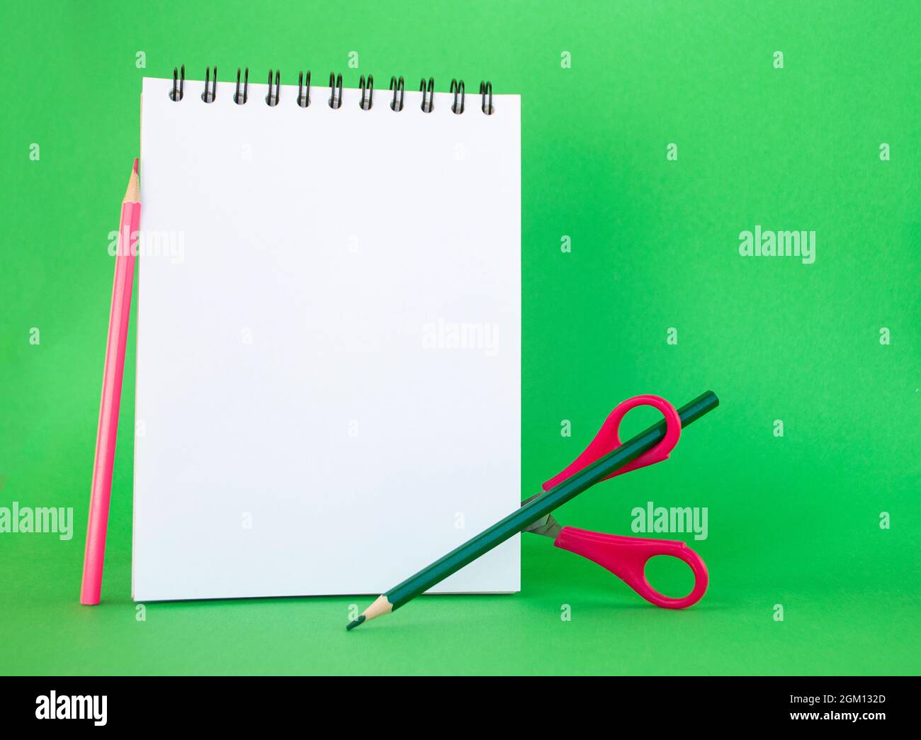 School supplies on bright green background with copyspace. Back to school concept. Stock Photo