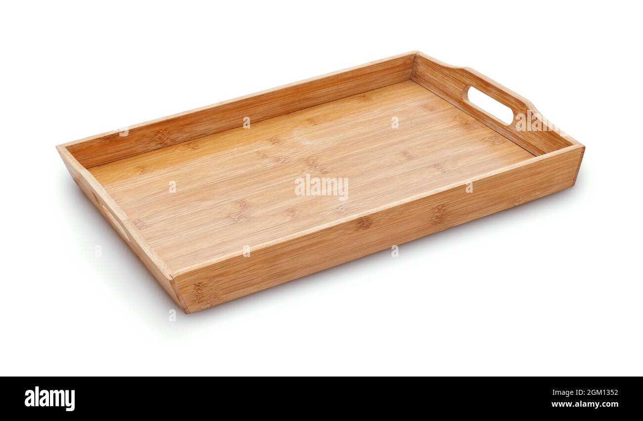 Empty wooden serving tray isolated on white Stock Photo