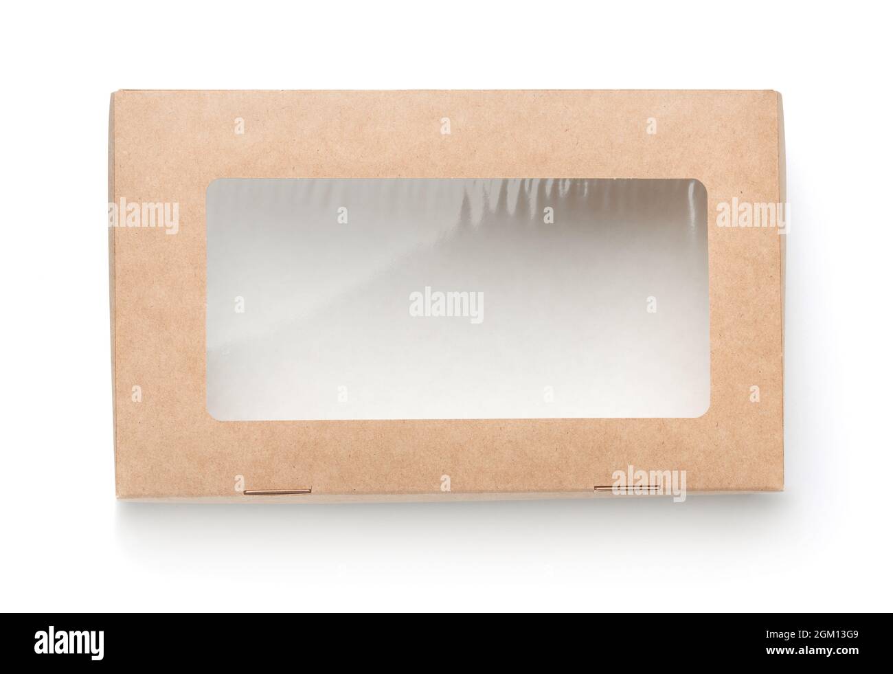 Top view of empty brown paper box with transparent window isolated on white Stock Photo