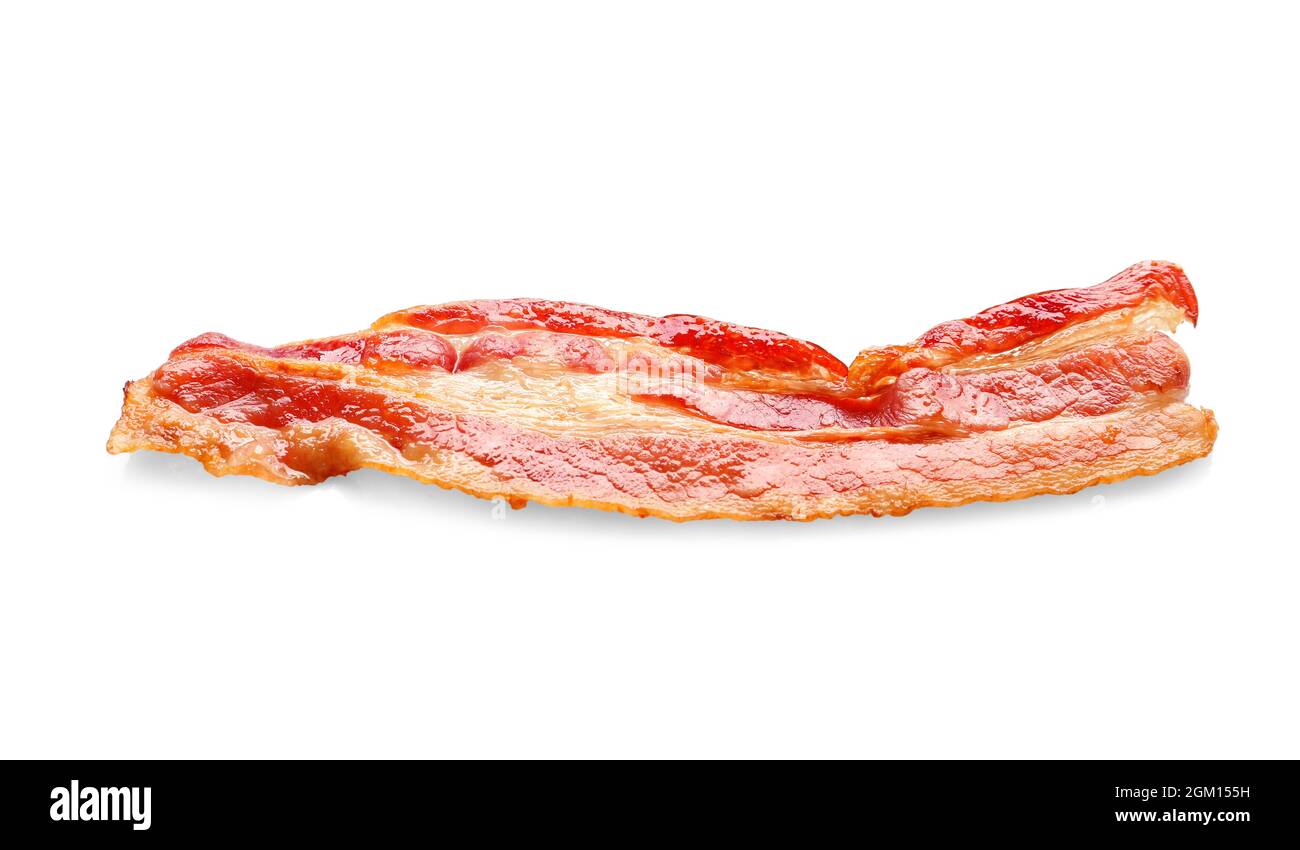 Cooked bacon rasher on white background Stock Photo Alamy