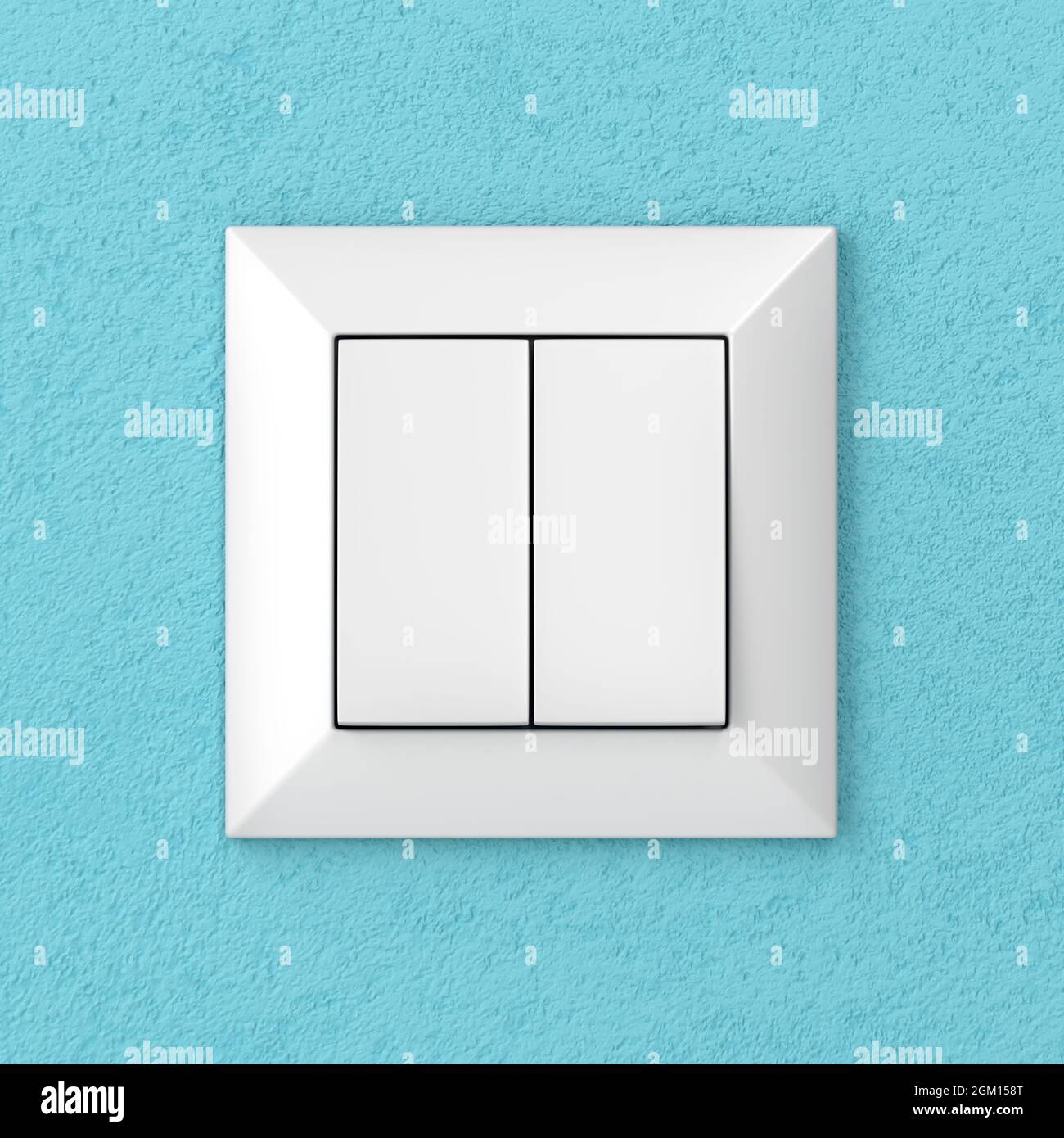 Double light switch on blue wall, front view Stock Photo