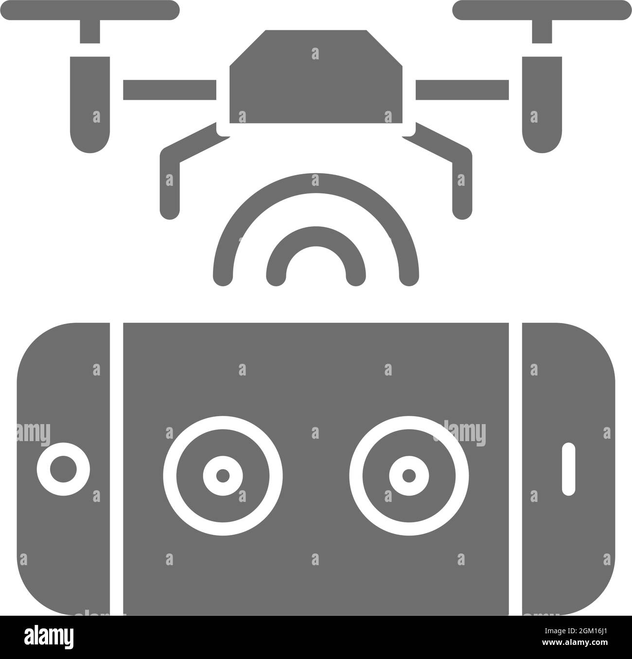 Drone with control panel, mobile remote controller grey icon. Stock Vector