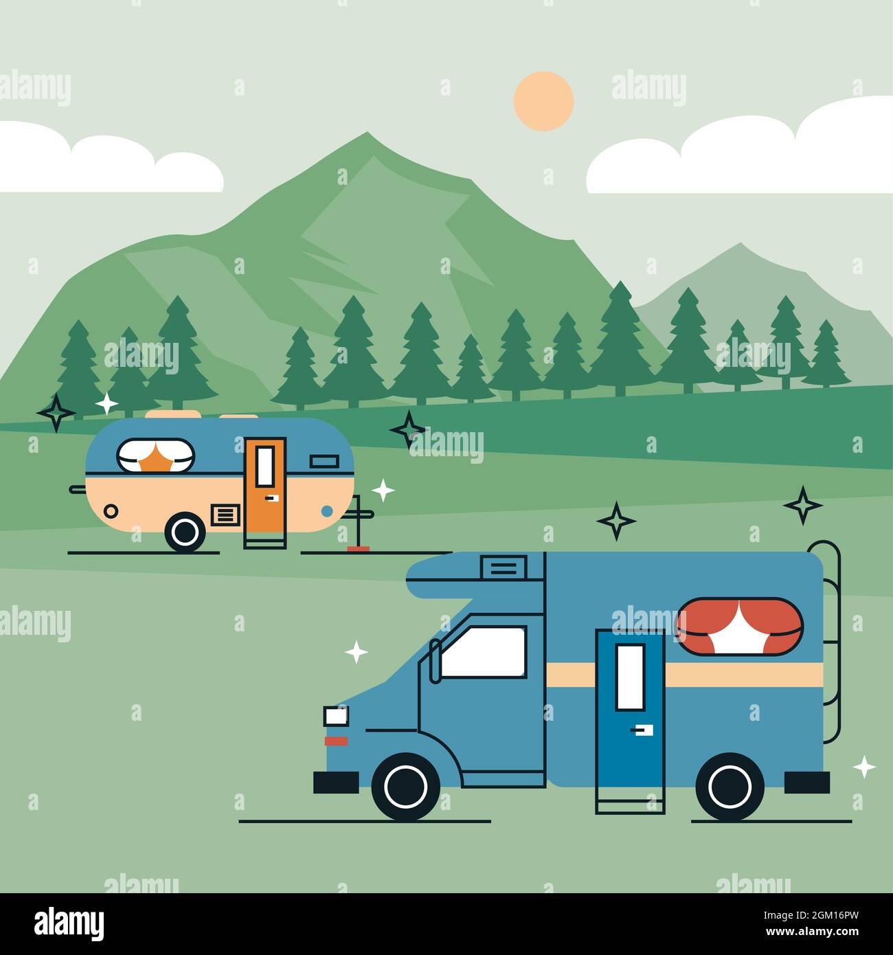 recreational vehicles in the camp Stock Vector