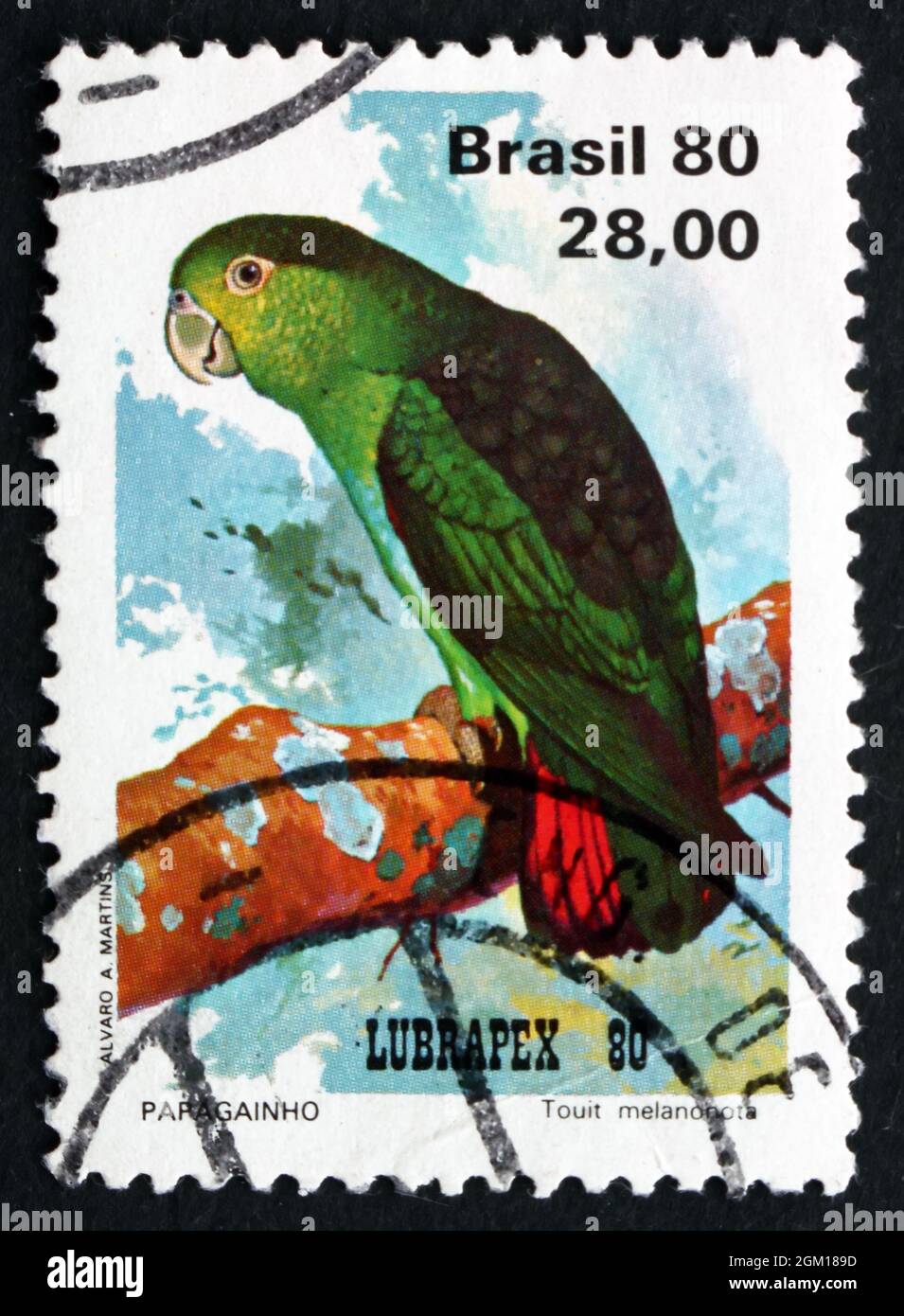 BRAZIL - CIRCA 1980: a stamp printed in the Brazil shows Brown-backed Parrotlet, Touit Melanonotus, Parrot, circa 1980 Stock Photo