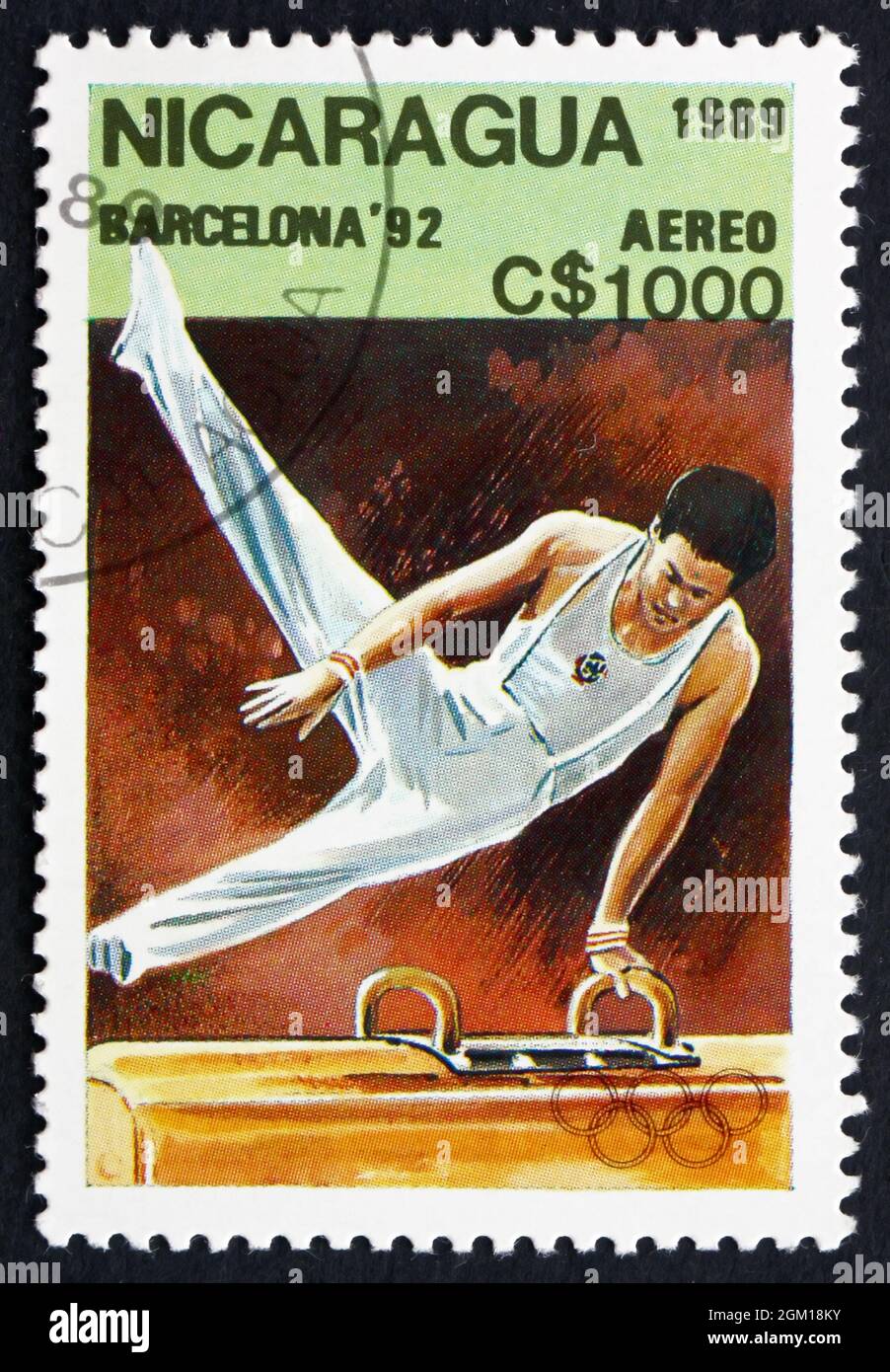 NICARAGUA - CIRCA 1989: a stamp printed in Nicaragua shows Pommel Horse, Gymnastics, 1992 Summer Olympics, Barcelona, Spain, circa 1989 Stock Photo