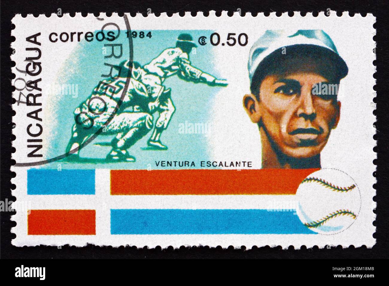 NICARAGUA - CIRCA 1984: a stamp printed in Nicaragua shows Ventura Escalante, Baseball Player, Dominican Republic, History of Baseball, circa 1984 Stock Photo