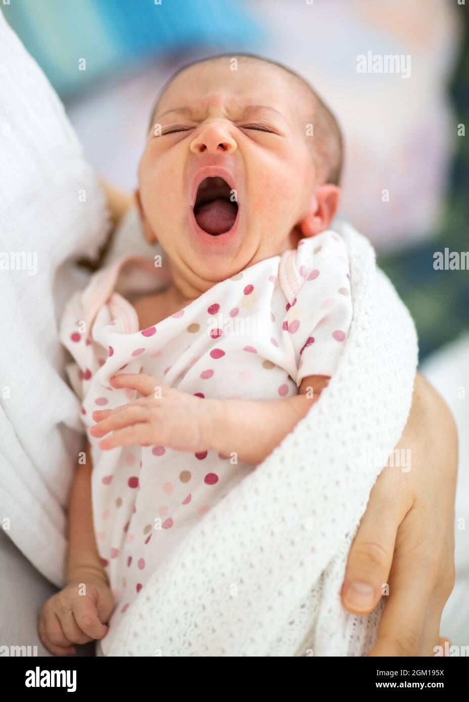 Newborn baby open its mouth and showing tongue Stock Photo