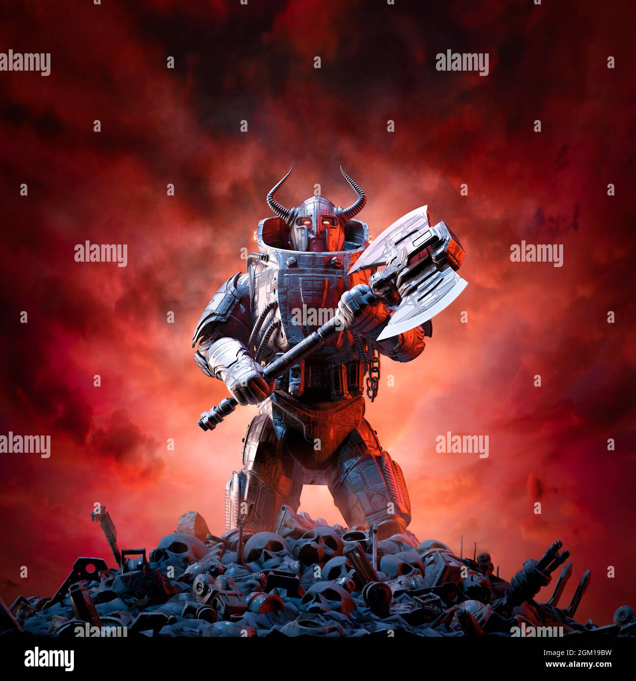 flamme Motivere konstant Futuristic viking with axe - 3D illustration of science fiction robot  knight with horned helmet standing on human skulls and debris Stock Photo -  Alamy
