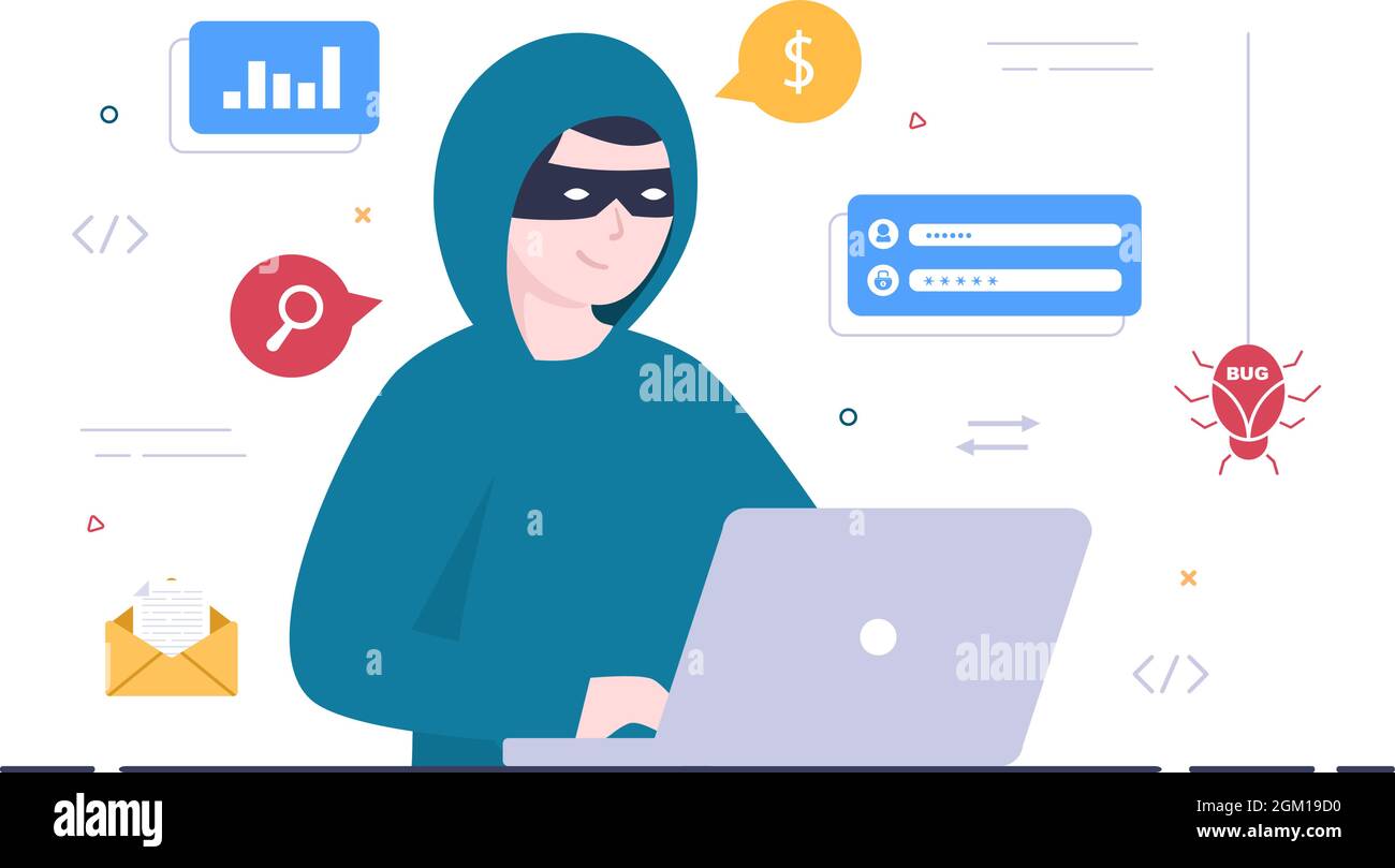 Hacker Using Computer Server to Activity Hacked Database, Network Storage, Social Account, Credit Card or Security. Background Vector Illustration Stock Vector