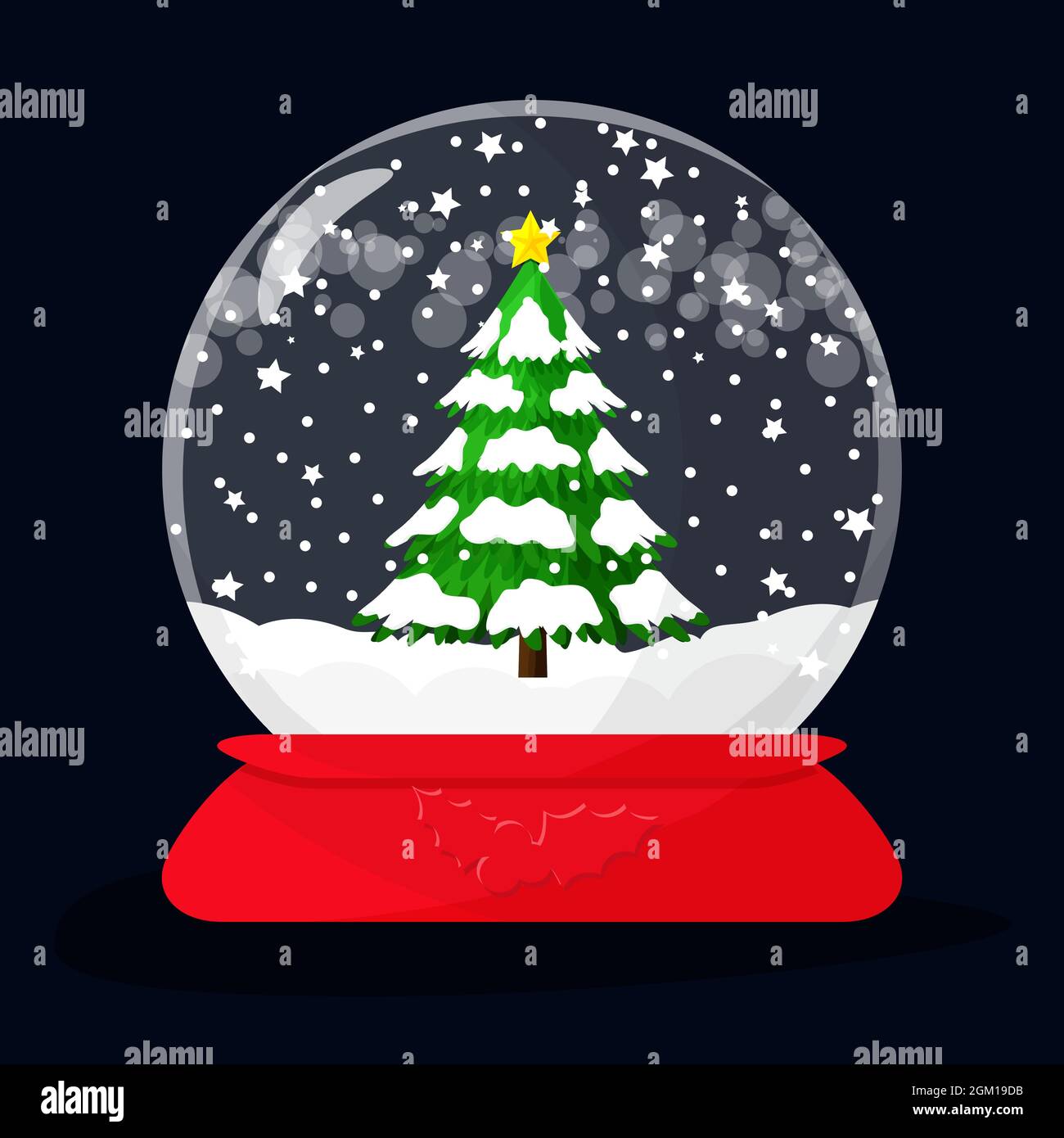 Snow globe with christmas tree inside, covered with snowflakes and