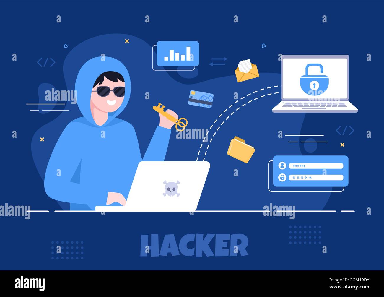 Hacker Using Computer Server to Activity Hacked Database, Network Storage, Social Account, Credit Card or Security. Background Vector Illustration Stock Vector