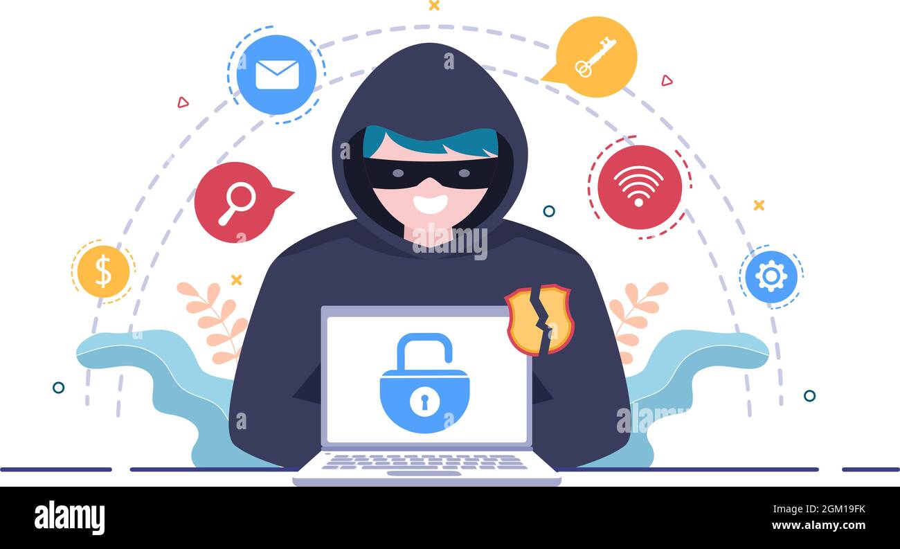 Hacker Using Computer Server to Activity Hacked Database, Network Storage, Social Account, Credit Card or Security. Background Vector Illustration Stock Vector