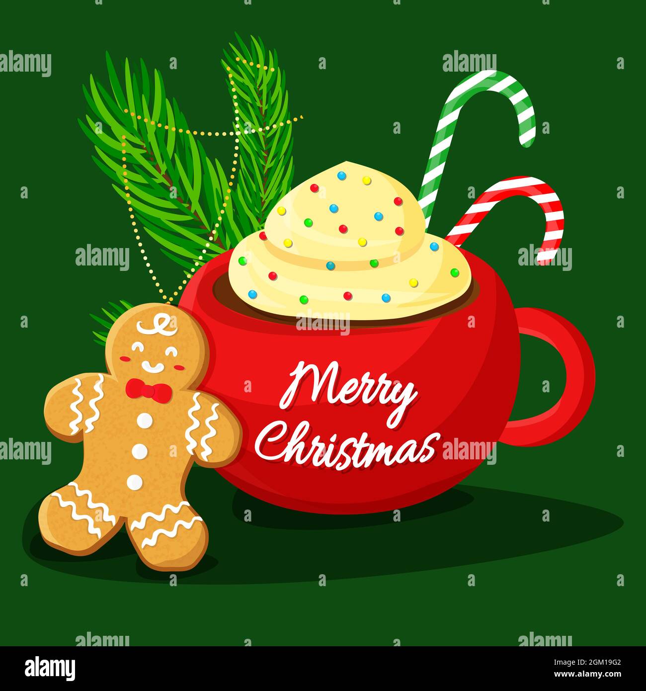 Christmas drink and gingerbread cookie with festive ornaments. Vector illustration flat. Stock Vector