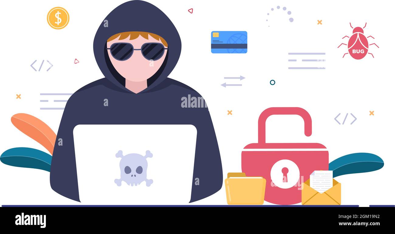 Hacker Using Computer Server to Activity Hacked Database, Network Storage, Social Account, Credit Card or Security. Background Vector Illustration Stock Vector