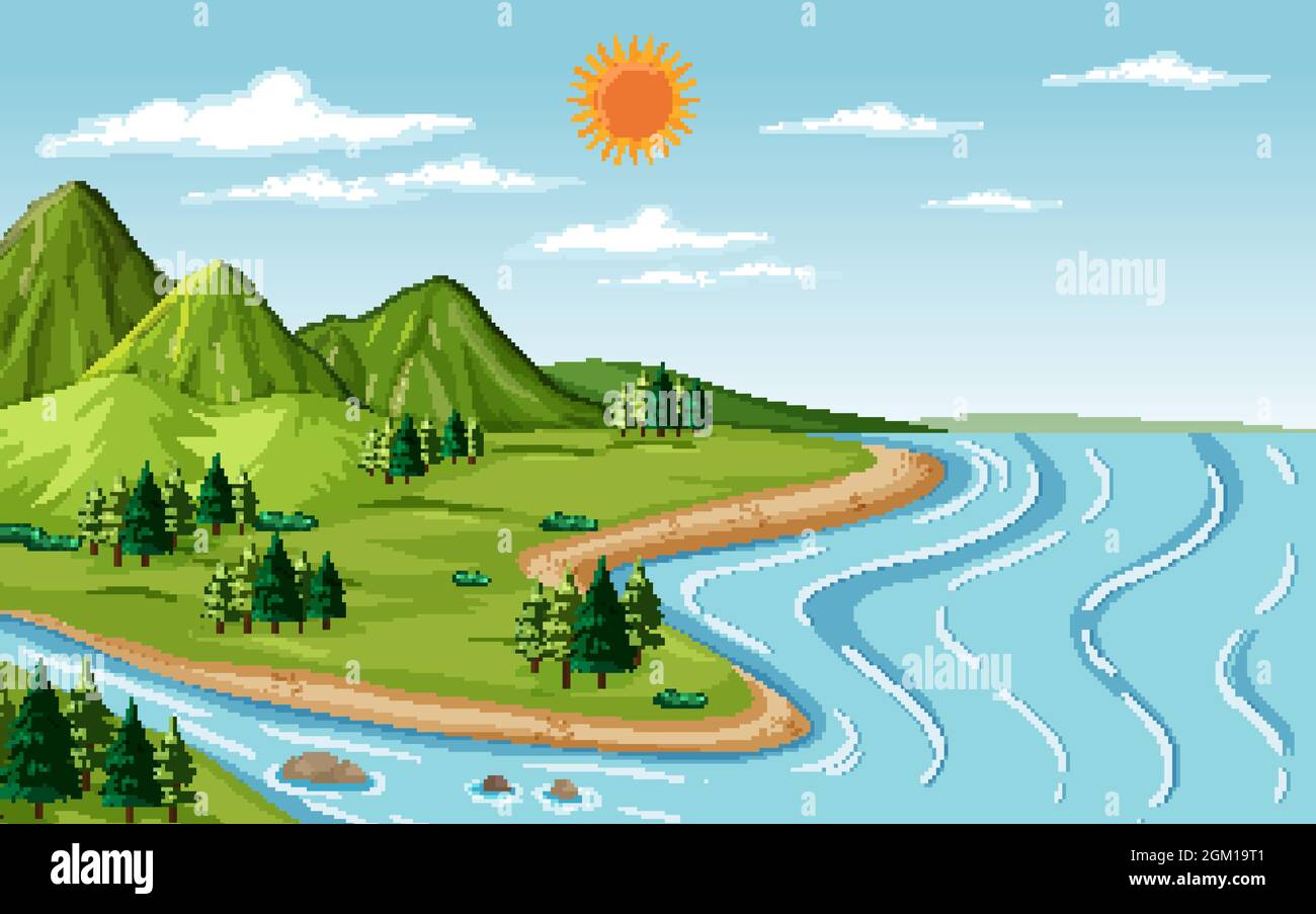 Nature landscape scene with mountain and river illustration Stock ...