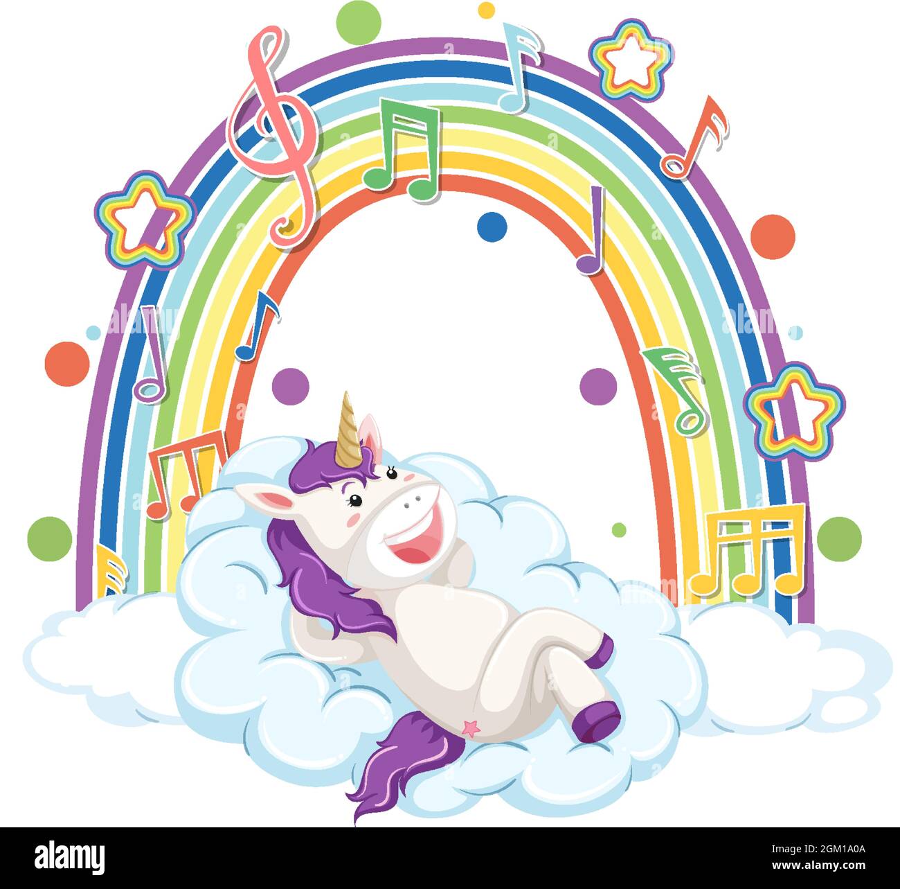 Unicorn laying on cloud with rainbow and melody symbol illustration ...