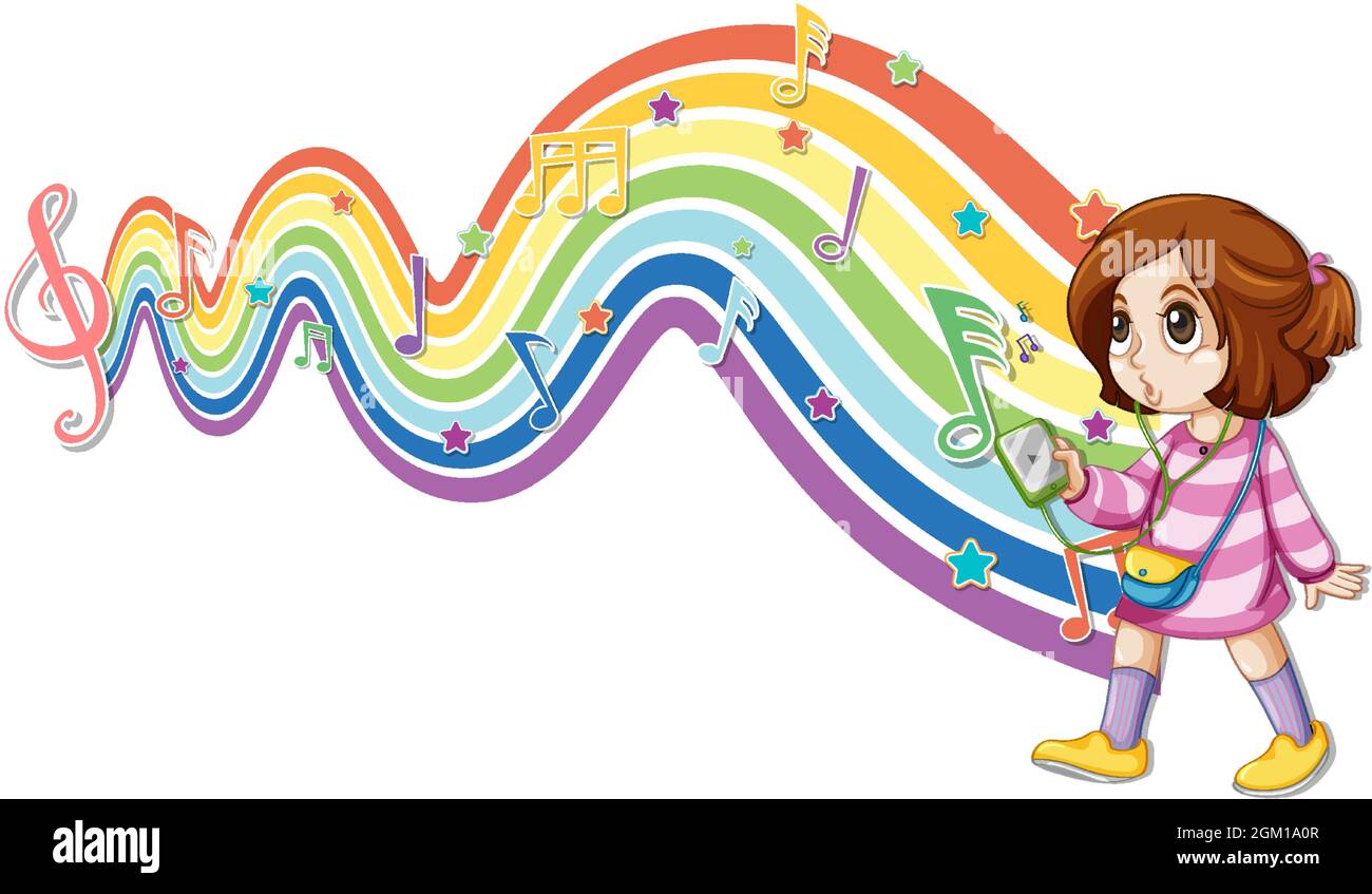 Girl with melody symbols on rainbow wave illustration Stock Vector ...