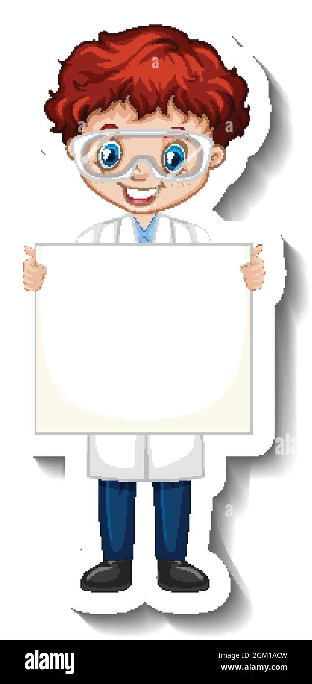 Cartoon character sticker with a boy in science gown holding empty ...