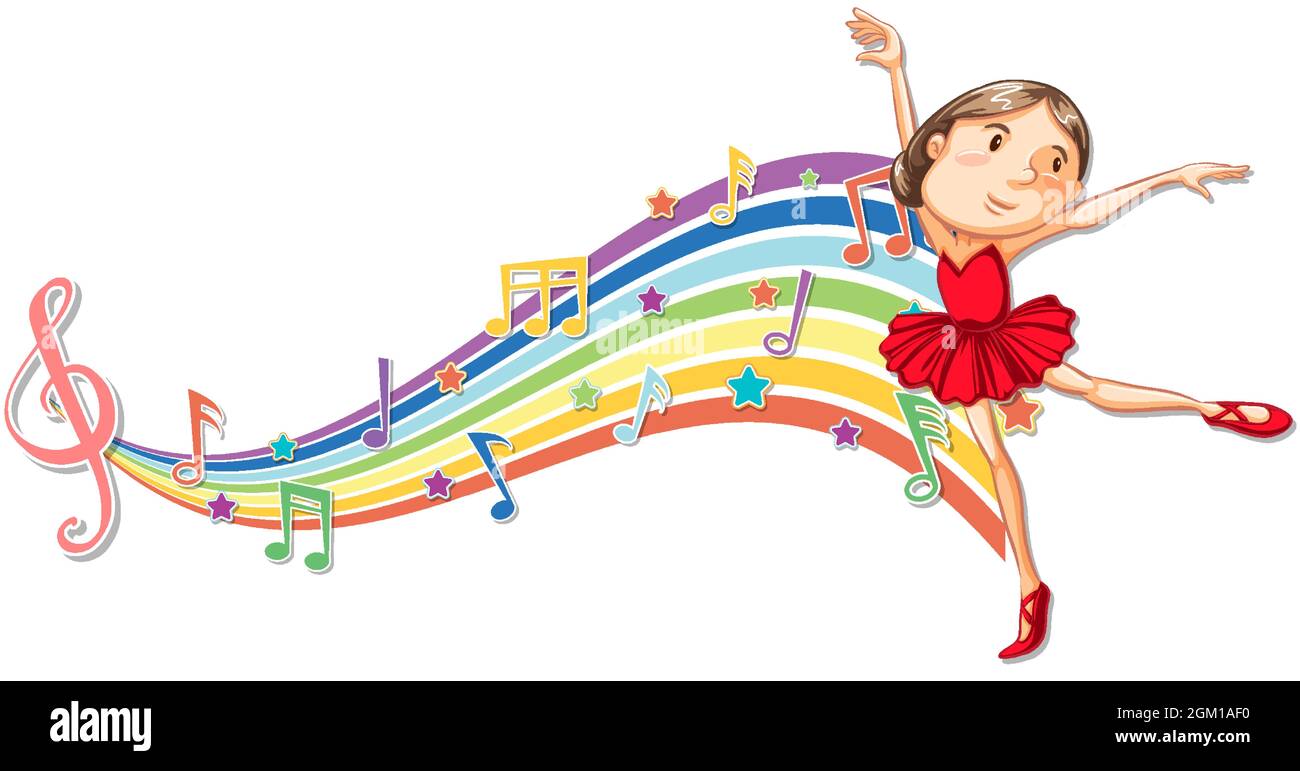 Ballerina with melody symbols on rainbow wave illustration Stock Vector ...
