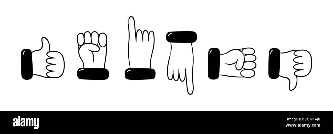 Set of hand and finger gestures. Hand dtawn like, dislike, fist, point with your finger. Vector illustration isolated in doodle style on white Stock Vector