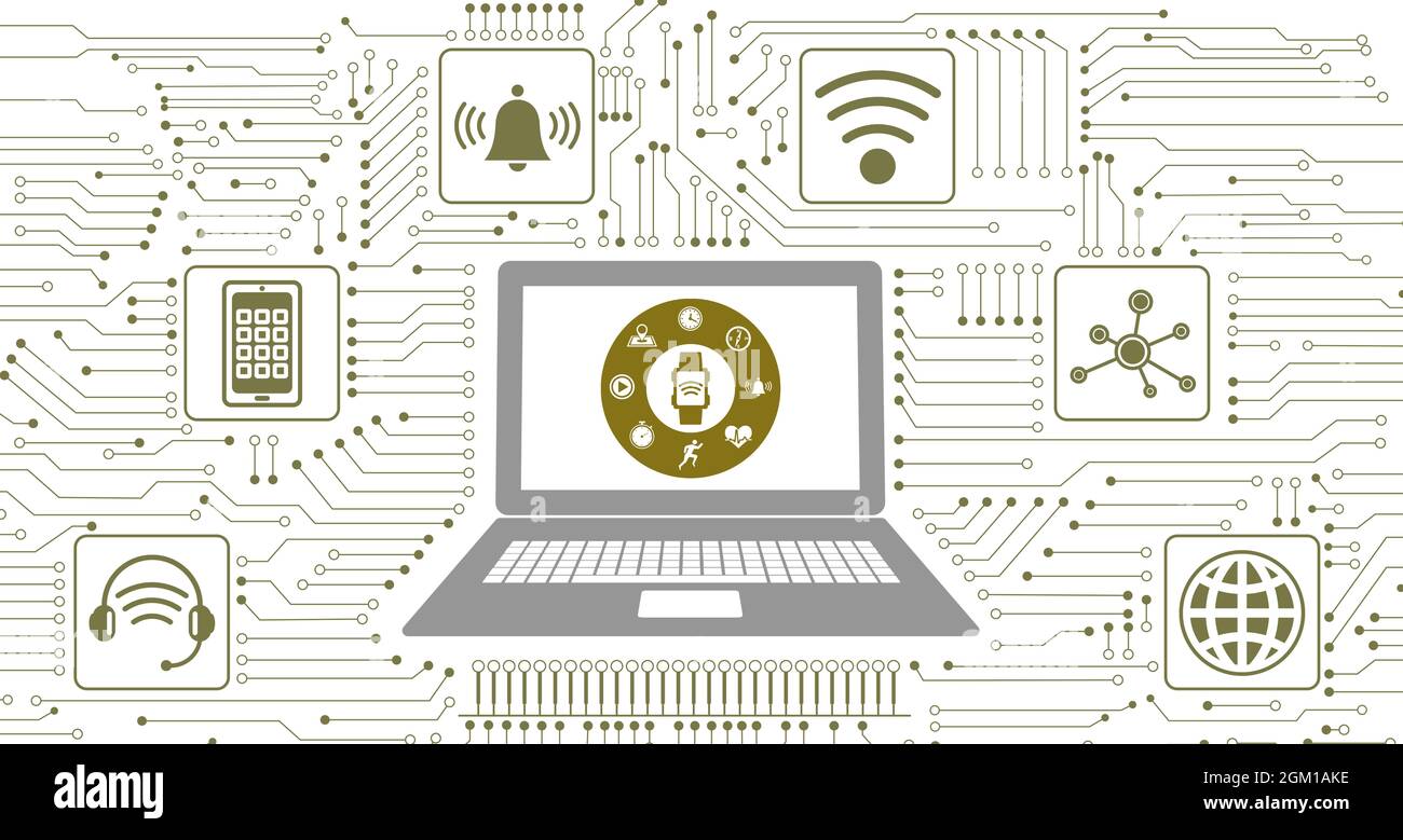 Concept of wearable technology with icons integrated in circuit Stock