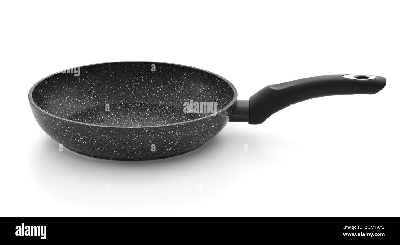 Side view of stone non-stick frying pan isolated on white Stock Photo