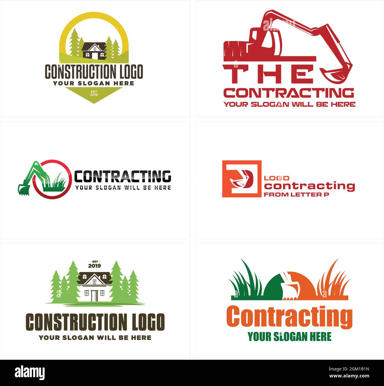 Construction excavator home grass logo design Stock Vector