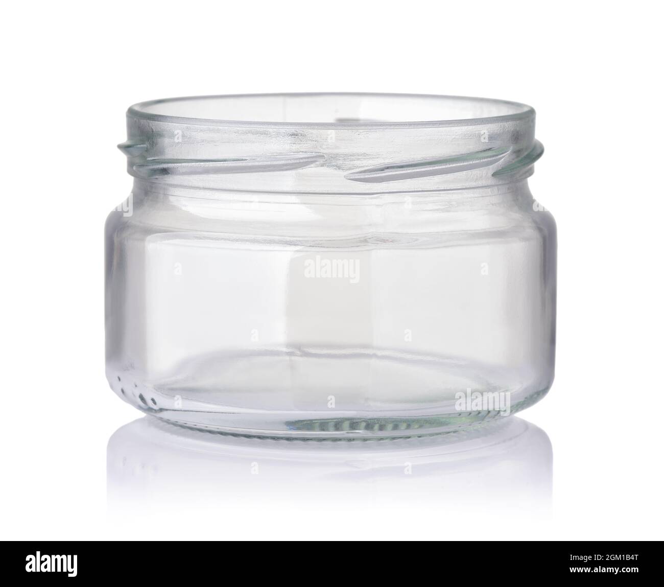 Front view of open empty wide glass jar isolated on white Stock Photo