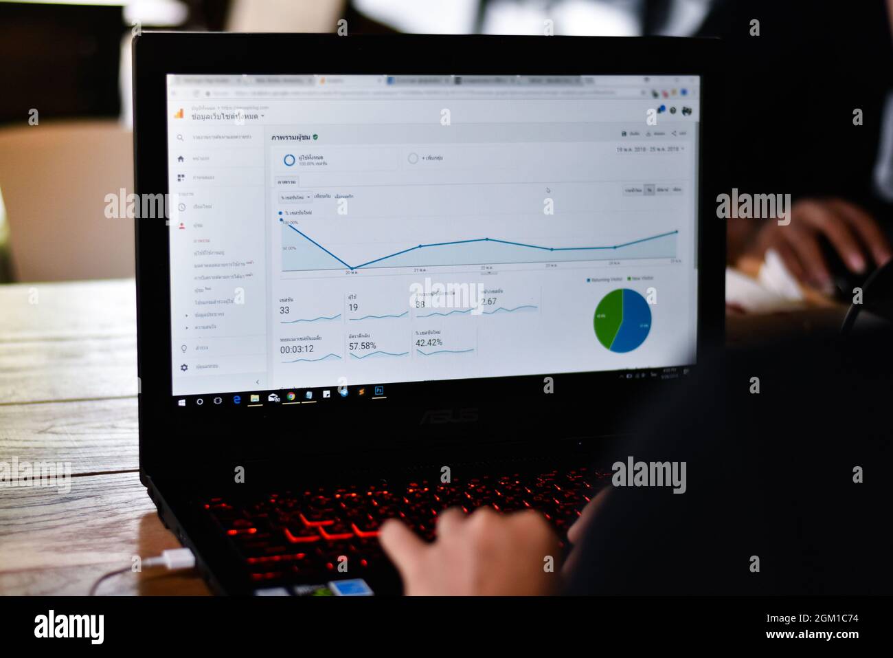 worker checking website traffic visitors on analytics report. Data Analytics Stock Photo