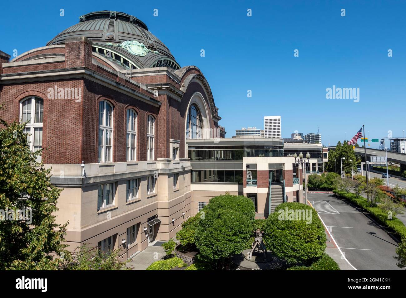 Tacoma, WA USA - circa August 2021: View of Union Station from behind, facing the railway system in downtown Tacoma. Stock Photo