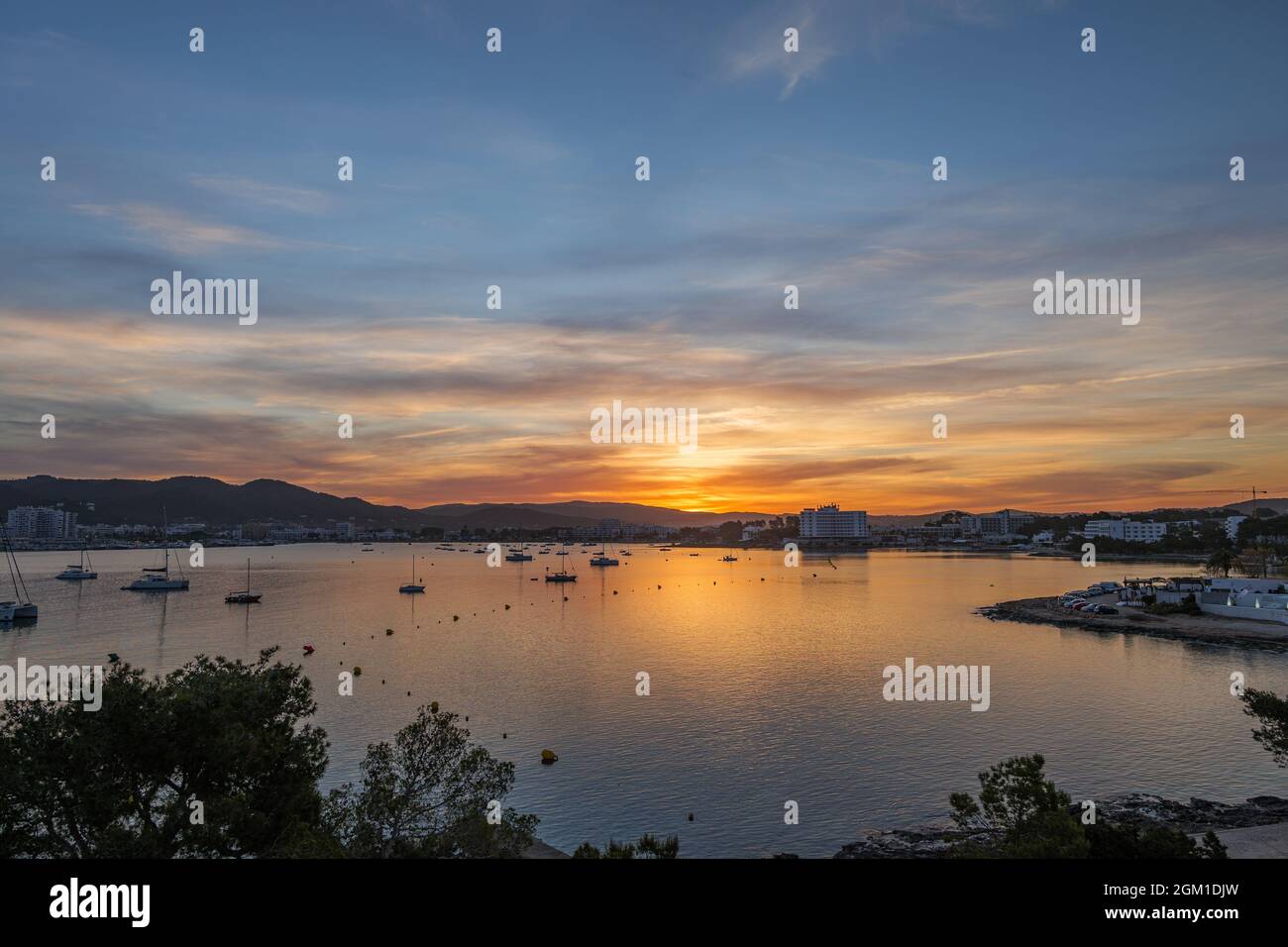 Beautiful Sunrise in the port of Sant Antoni de Portmany, Ibiza, Balearic Islands, Spain. Stock Photo