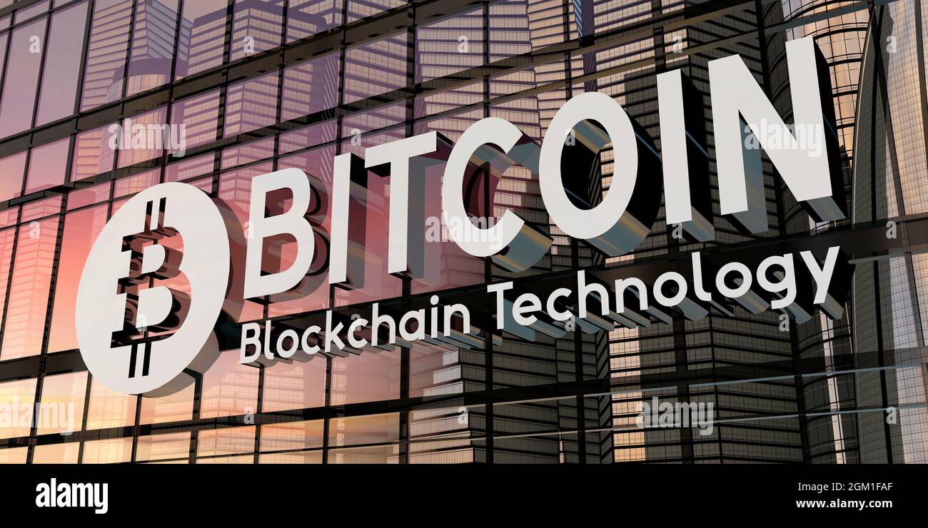 Bitcoin Blockchain technology on glass building. Mirrored sky on modern  facade. Cyber business, e-market, cryptocurrency, virtual money and digital  fi Stock Photo - Alamy