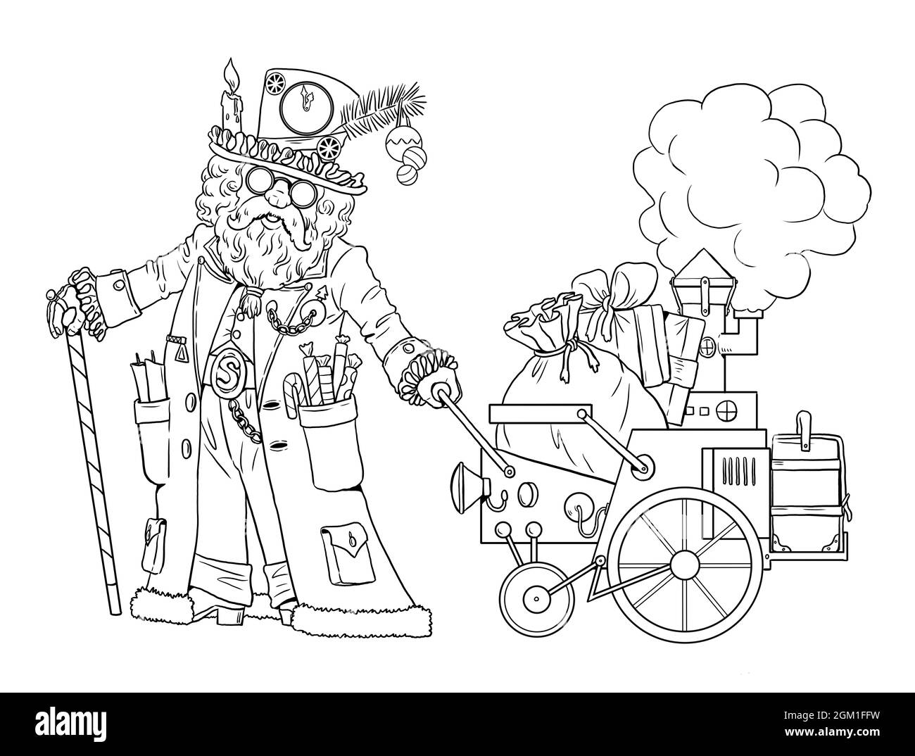 Funny steampunk Santa Claus. Happy New Year card. Christmas template for coloring. Stock Photo