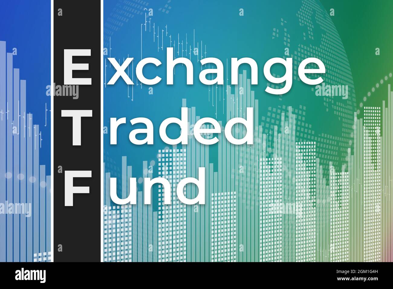 Financial term ETF (Exchange traded fund) on blue and green finance background. Trend Up and Down, Flat. 3D illustration. Financial market concept Stock Photo