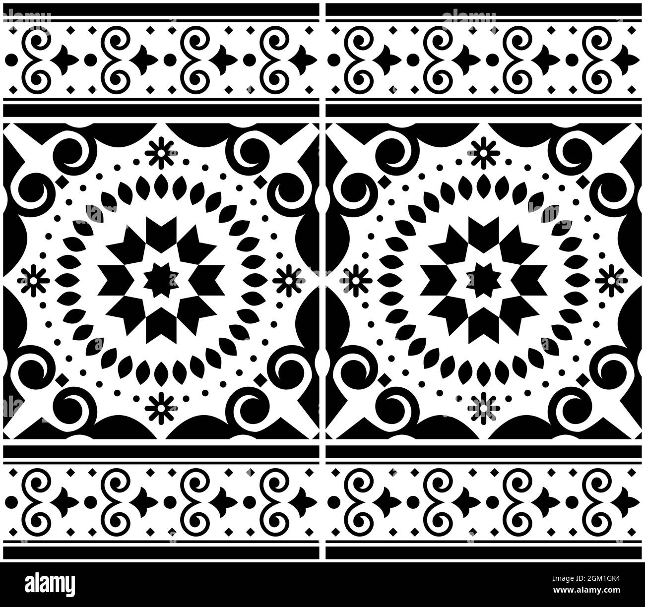 Azulejo tile seamless vector pattern Lisbon style, traditional wallpaper or textile, fabric print design inpired by tiles from Portugal in black and w Stock Vector