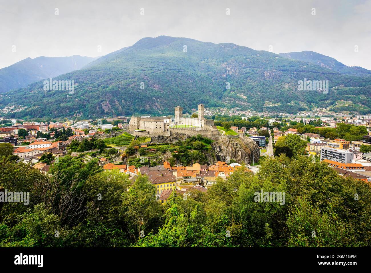 Panoramic view of Bellinzona Old Town and Castel Grande. Canton of Ticino, Switzerland. Bellinzona is a municipality, a historic Swiss town, and the c Stock Photo
