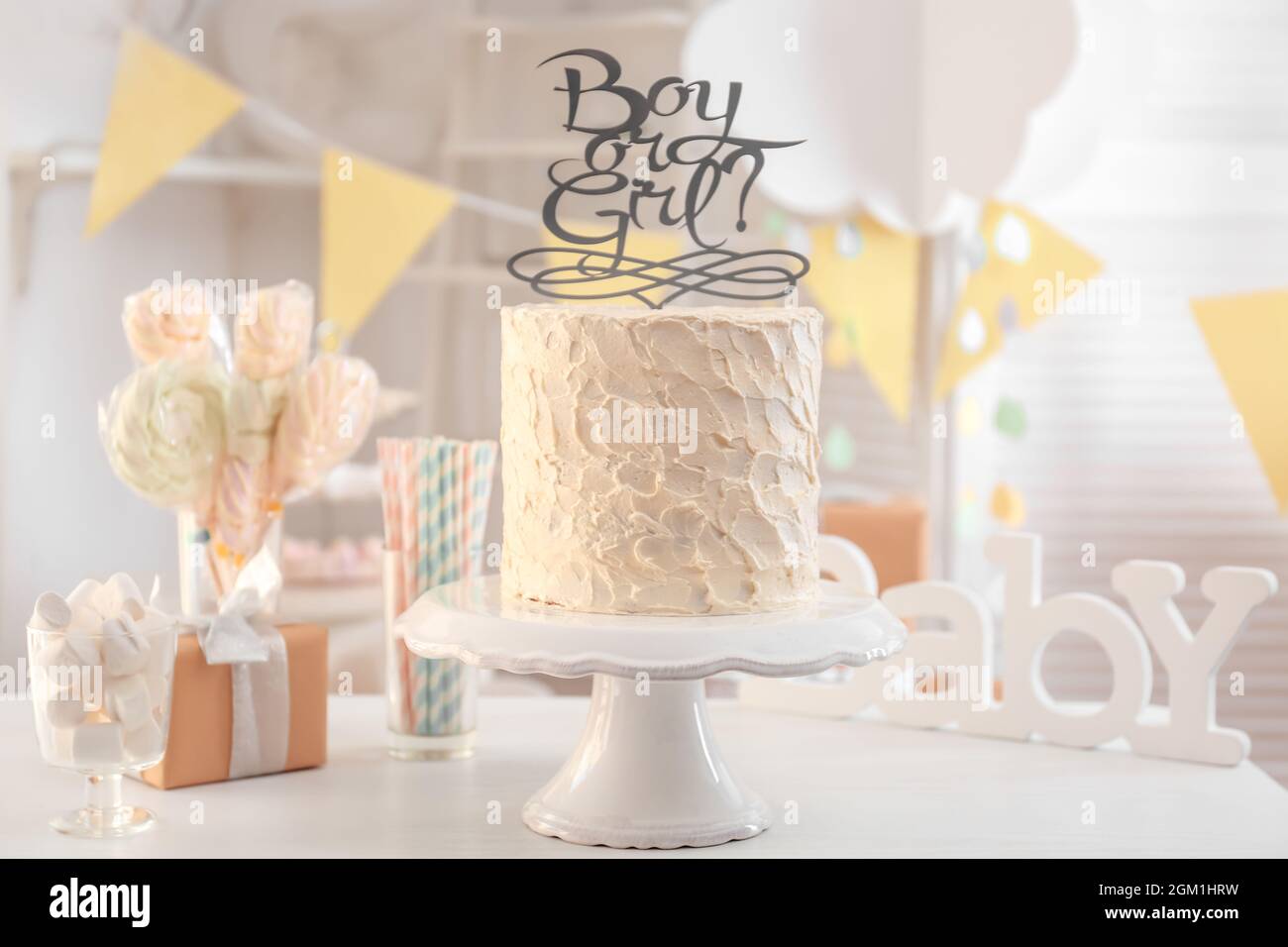 Boy Or Girl Cake On Table Baby Shower Party Stock Photo Alamy Boy Or Girl Cake On Table Baby Shower Party Stock Photo Alamy