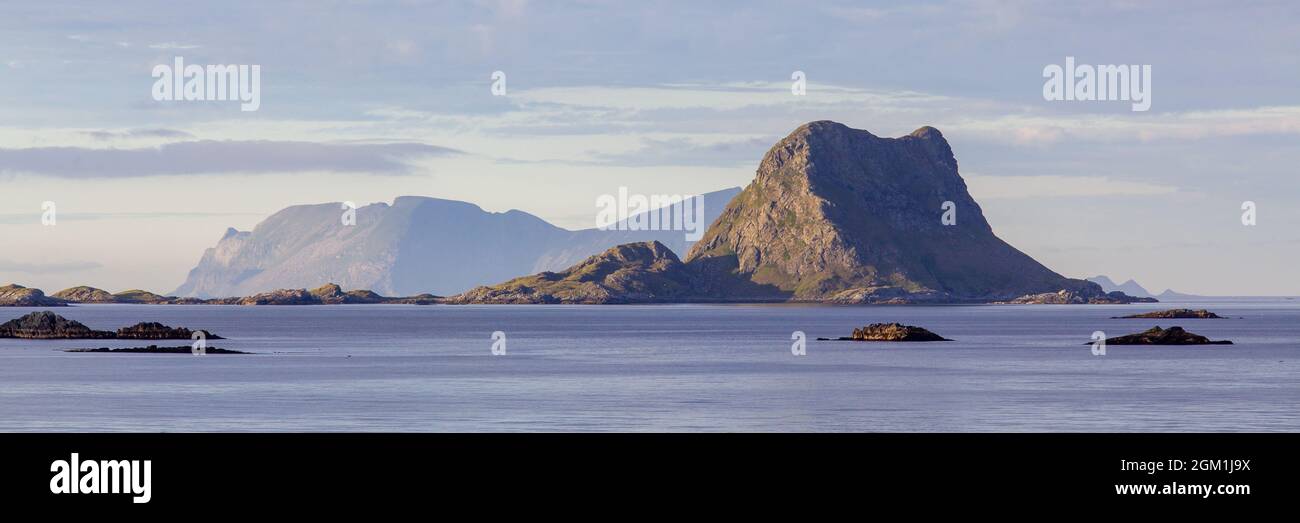 Beautiful ocean view in Lofoten Norway. Island in the background. Stock Photo