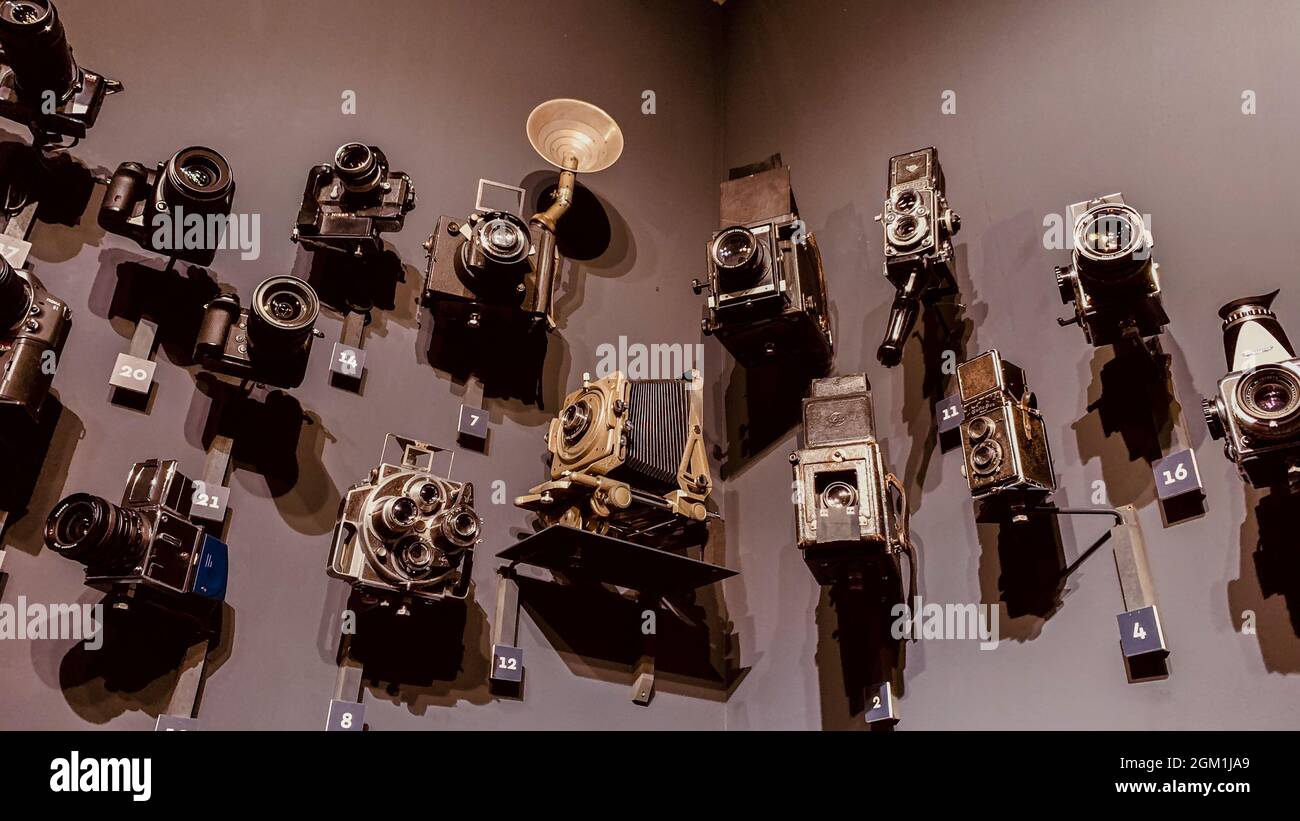 TURIN, ITALY Jul 14, 2021 The collection of vintage filming cameras displayed in the National