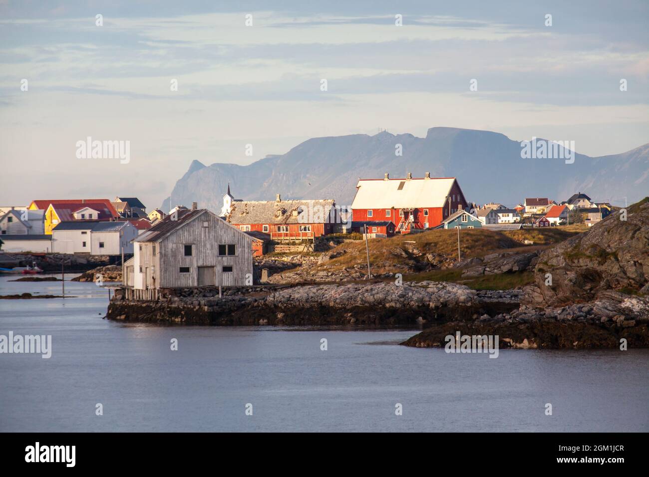 View of the fishing village on the island Røst in Norway. Norwegian culture in Lofoten. Stock Photo
