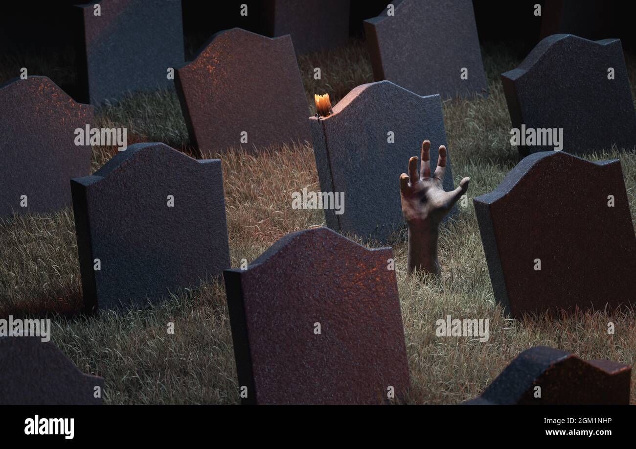 zombie hand coming out of the ground in a graveyard full of gravestones. 3d rendering Stock Photo